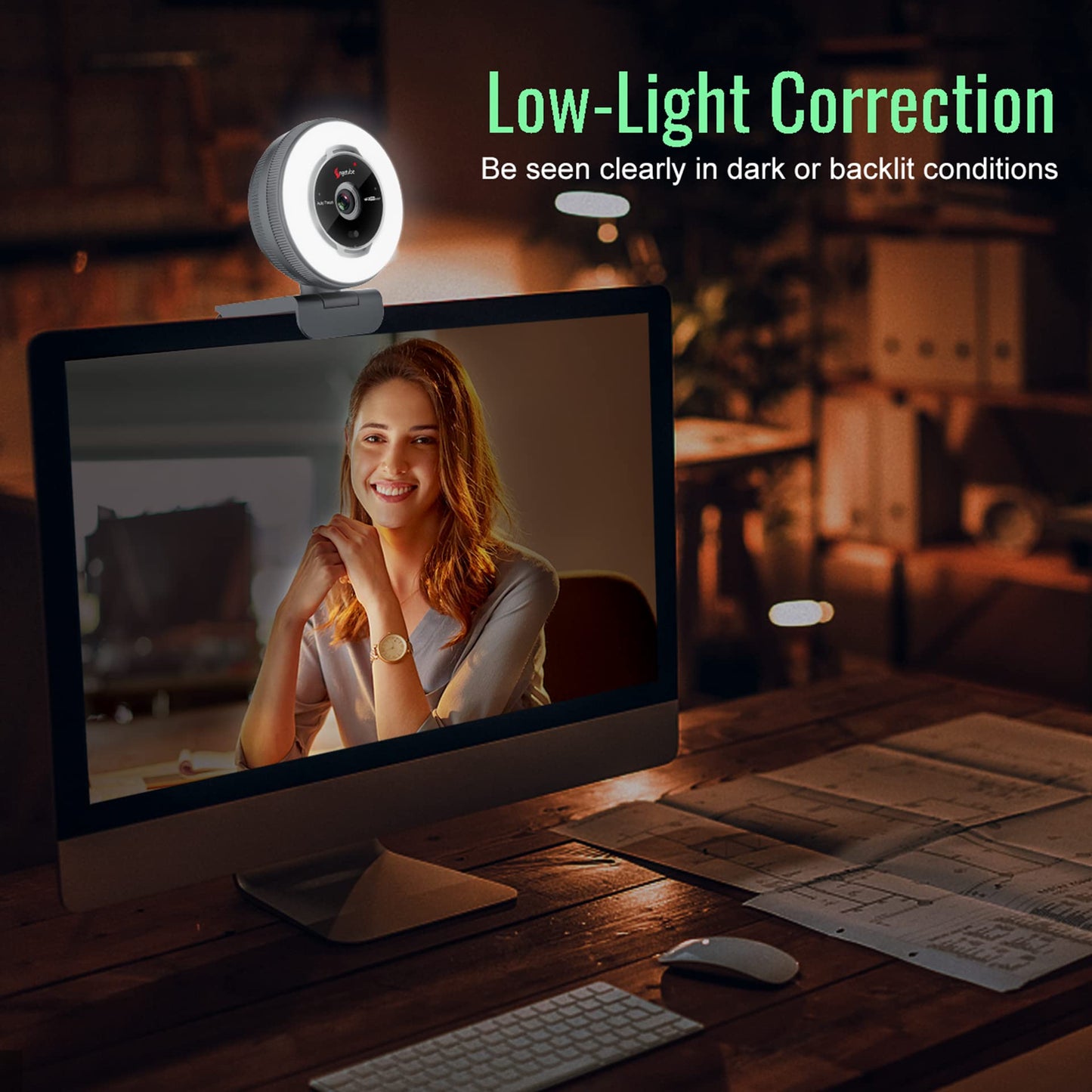 Angetube 60FPS 1080P webcam with ring light - PC camera with 5X digital zoom and remote control, built-in dual noise-canceling microphones and privacy cover, for PC, computer, laptop, Mac, desktop.