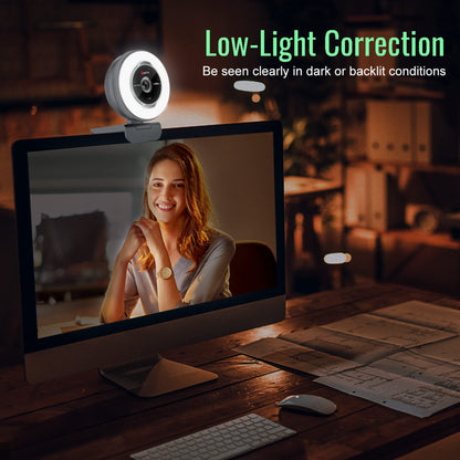 Angetube 60FPS 1080P webcam with ring light - PC camera with 5X digital zoom and remote control, built-in dual noise-canceling microphones and privacy cover, for PC, computer, laptop, Mac, desktop.