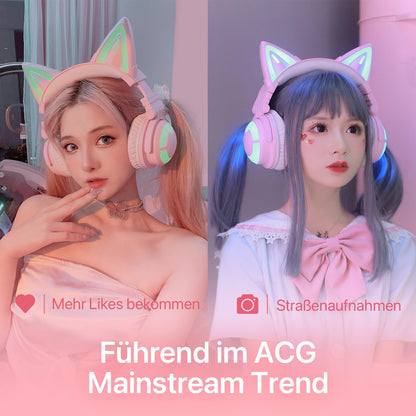 YOWU RGB Cat Ear Headphone 3S Wireless 5.0 Foldable Gaming Headset with built-in microphone & customizable lighting and effects through app, Type-C charging audio cable, for PC Laptop Mac Smartphone (Pink)