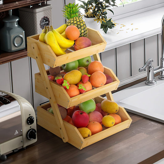 G.a HOMEFAVOR Bamboo Fruit Basket 3-Tier Detachable Fruit Stand Storage Holder for Vegetables Snacks Bread Kitchen, Natural Color