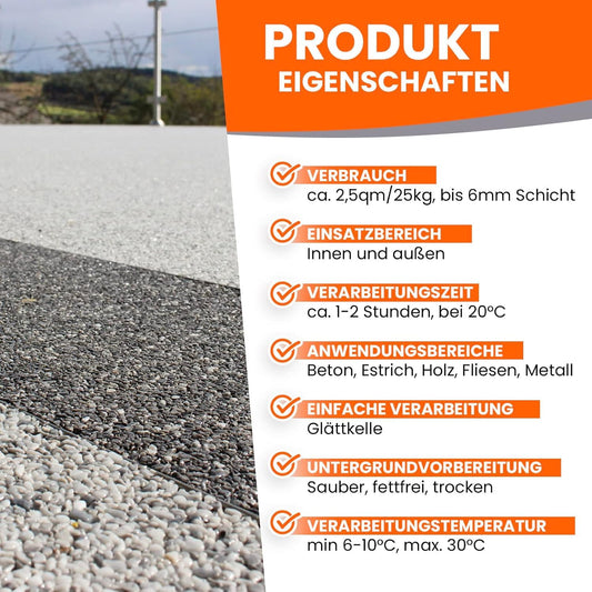 Stone carpet outdoor up to 2.5sqm - 25kg marble chippings in Botticino + 1K PU adhesive binder 1kg - Weatherproof, UV-resistant, water-repellent, heat-resistant, cold-resistant - BEKATEQ BK-605PU