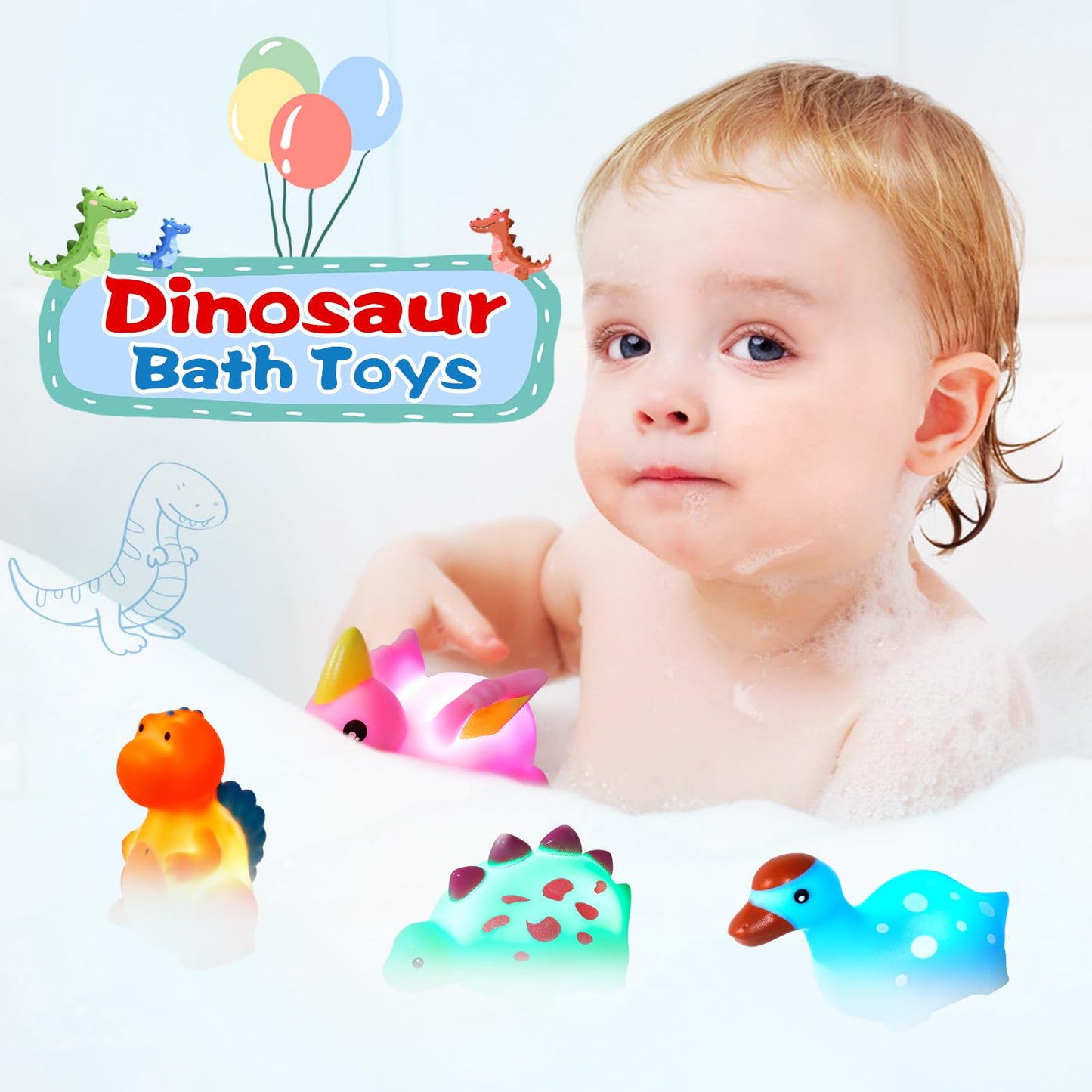 Jiosdo Bathtub Toy, 6 pieces Dinosaur Bath Toy with light, LED Bath Tub Toy for Kids, Bath Toy for Baby 1 2 3 year old, Glowing Water Toy Sensory Toy Bath Toys