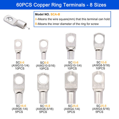 Brileine Battery Cable Lug Crimping Tool Large 10-1/0 AWG with 8 Sizes 60 Pieces Copper Ring Terminals - Crimping Tool Battery Cable Set