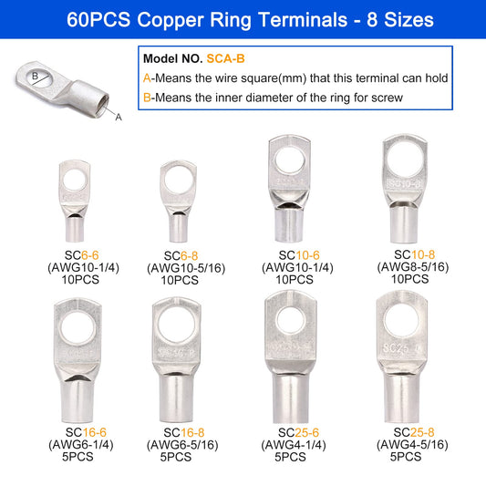Brileine Battery Cable Lug Crimping Tool Large 10-1/0 AWG with 8 Sizes 60 Pieces Copper Ring Terminals - Crimping Tool Battery Cable Set