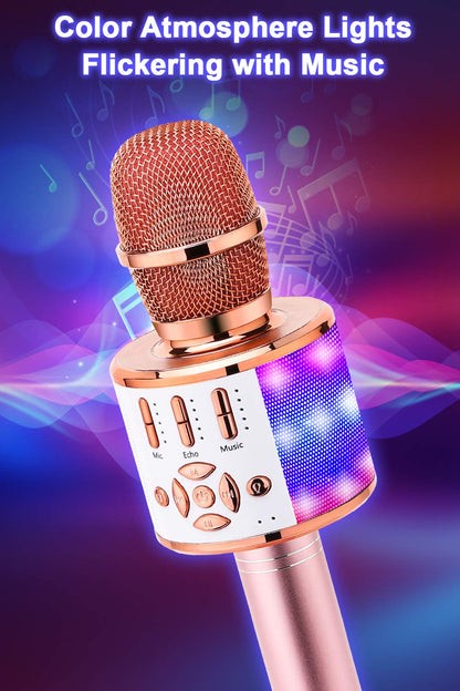 BONAOK 4 in 1 Wireless Portable Karaoke Microphone Speaker, LED, Kids, Home KTV Karaoke Device, compatible with iOS Android Bluetooth devices (Rose Gold)