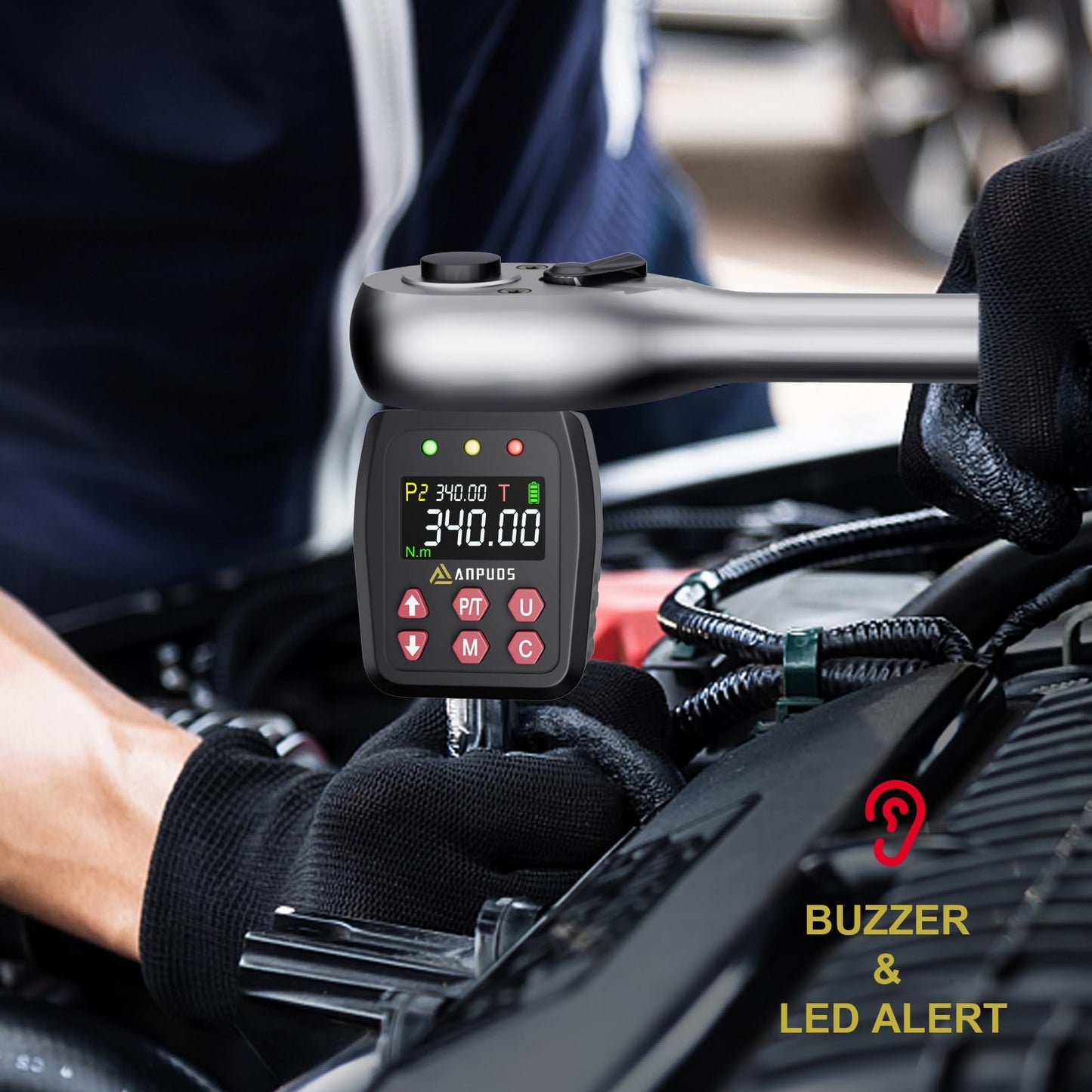 ANPUDS Digital Torque Adapter, 1/2 Inch 17-340Nm Torque Adapter Set with Preset, Storage, Buzzer, LCD Display, ± 1% Error Accuracy, 1/4" 3/8" Adapter for Car, Motorcycle