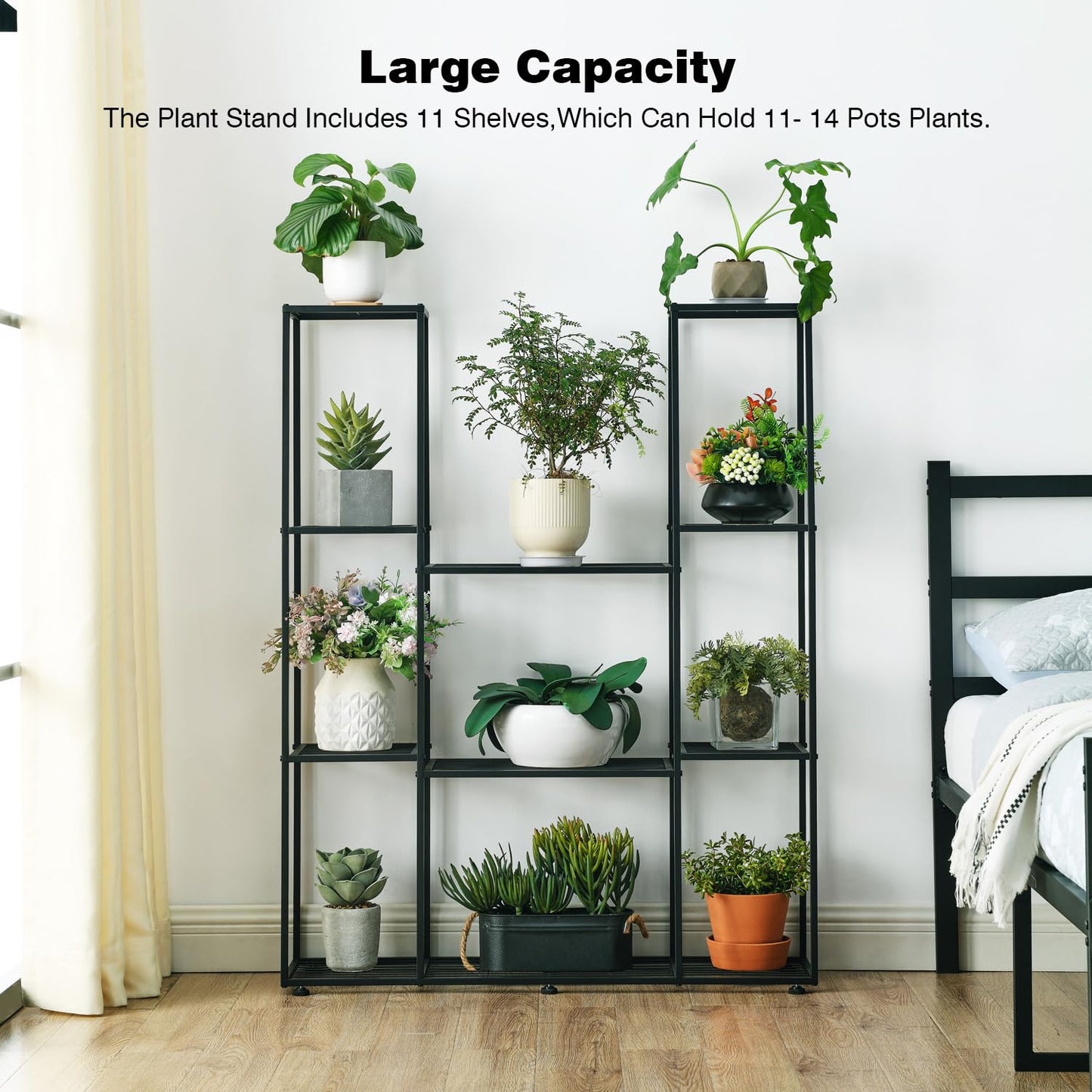HUSFITLY metal flower rack, 4 tiers, 11 pots plant stand indoor outdoor, 120cm high waterproof flower stand, multi-tiered plant stand for garden balcony living room courtyard, black