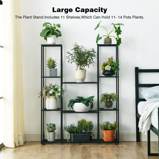 HUSFITLY metal flower rack, 4 tiers, 11 pots plant stand indoor outdoor, 120cm high waterproof flower stand, multi-tiered plant stand for garden balcony living room courtyard, black