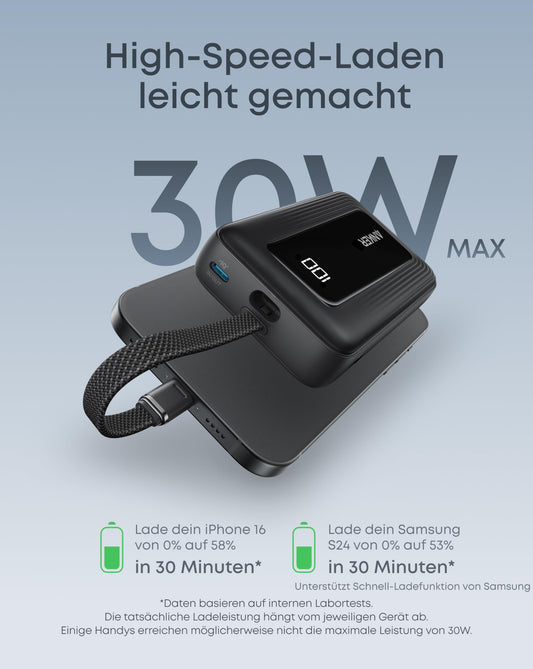 Anchor Powerbank 20,000mAh 30W with built-in USB-C cable, High-Speed portable charger, 1 USB-C, 1 USB-A, battery pack for iPhone 17/17 Pro/17 Pro Max/Air/16/15, MacBook, Galaxy, and more.