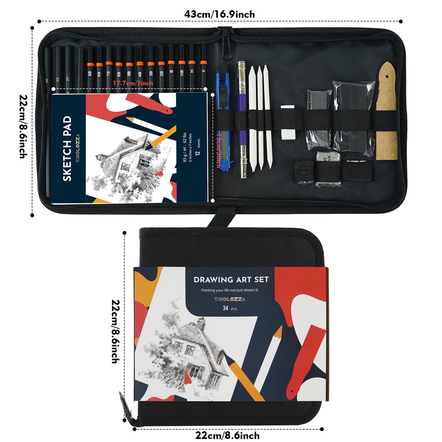 Palette Art Supplies 34-piece sketching pencils and drawing set in a carry bag - Includes pencils, charcoal pencils, erasers, and more accessories.
