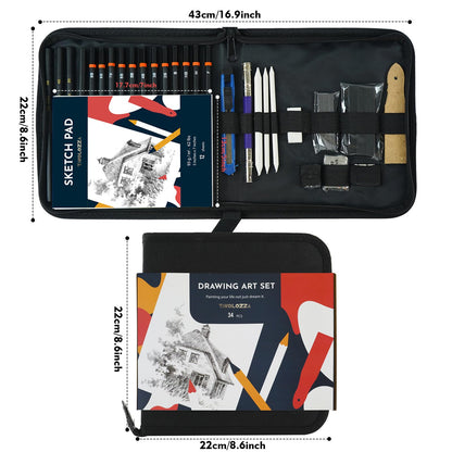 Palette Art Supplies 34-piece sketching pencils and drawing set in a carry bag - Includes pencils, charcoal pencils, erasers, and more accessories.