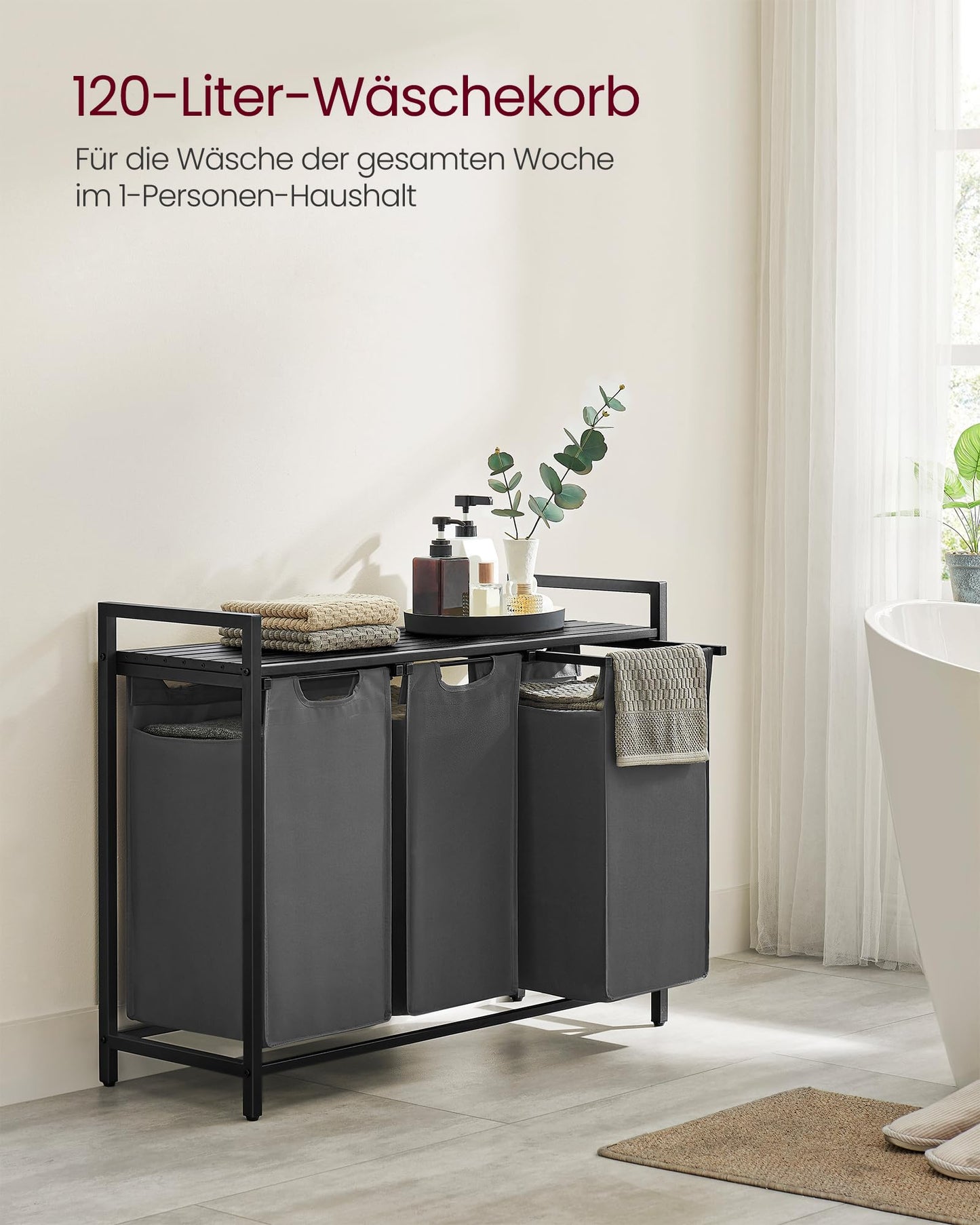 VASAGLE laundry basket with 3 compartments, laundry collector with shelf, laundry box, removable laundry bag made of Oxford fabric, metal frame, 3 x 40 L, 92.5 x 33 x 72 cm, slate gray-anthracite gray BLH301G01