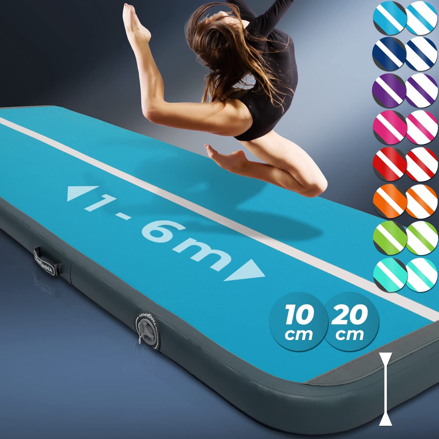 VENDOMNIA Airtrack Mat, 10/20cm high inflatable gymnastics mat in lengths 1/2/3/4/5/6/7/8m, with electric pump & bag, tumbling mat, gymnastics mat, training mat, fitness mat, sports mat, yoga.