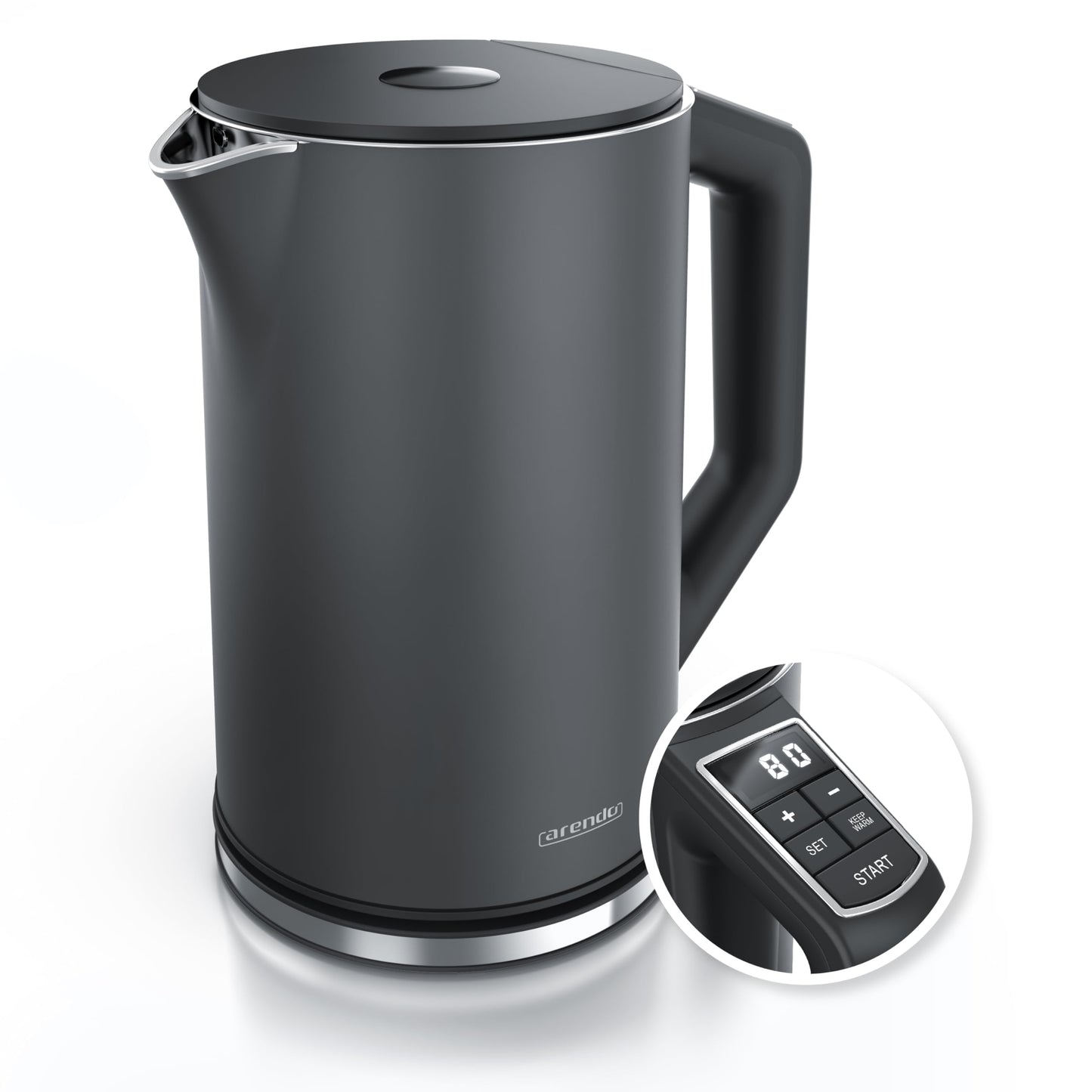 Arendo - Stainless Steel Kettle with Temperature Control 40-100 degrees in 5 degree increments - Double Wall Design - Model ELEGANT - 1.5 Liters - 2200 W - Tea Kettle with Temperature Display - GS - Cool Grey