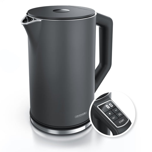 Arendo - Stainless Steel Kettle with Temperature Control 40-100 degrees in 5 degree increments - Double Wall Design - Model ELEGANT - 1.5 Liters - 2200 W - Tea Kettle with Temperature Display - GS - Cool Grey
