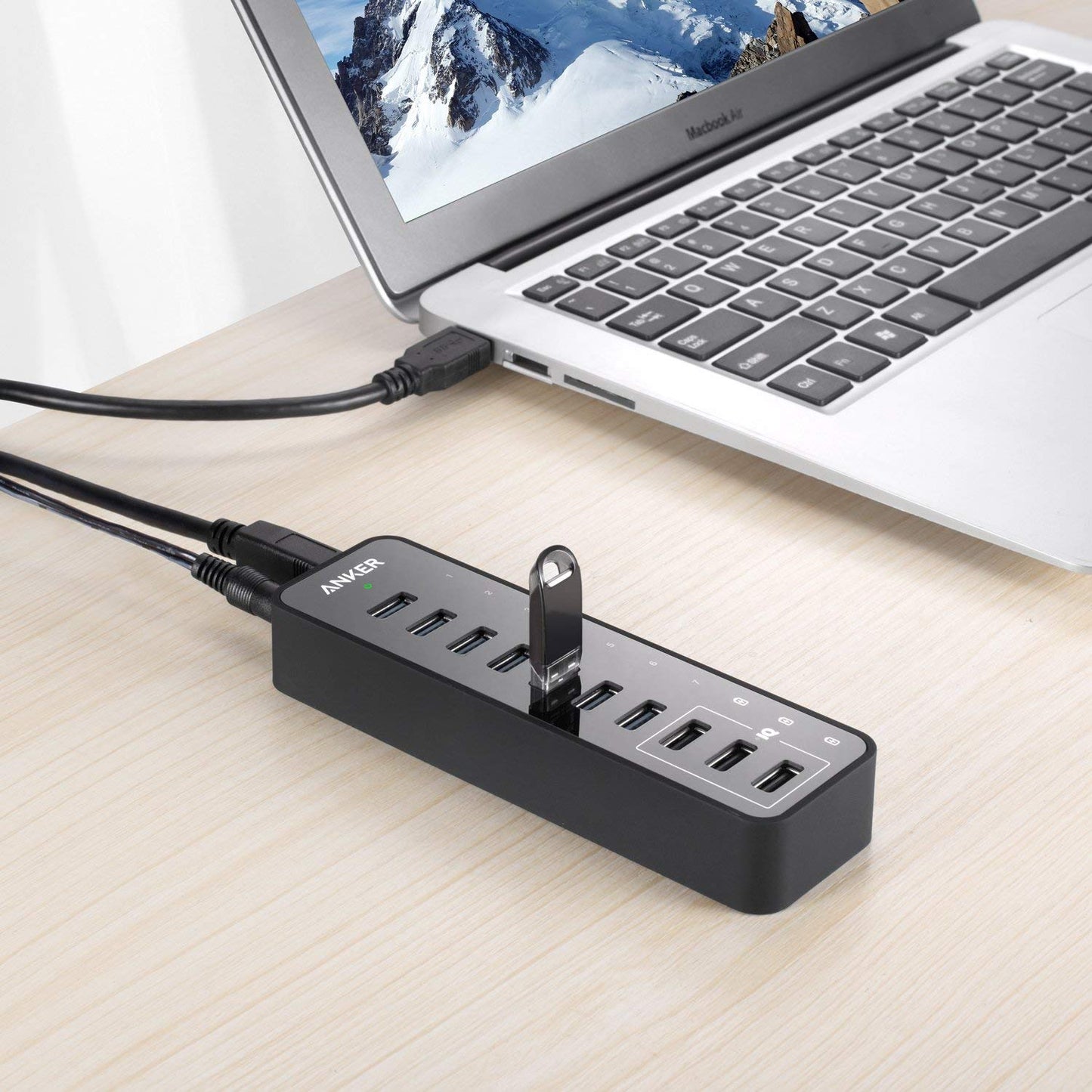 Anchor 10 Port 60W Data Hub USB 3.0 7-Port with 3 PowerIQ charging ports, compatible with MacBook, Mac Pro/Mini, iMac, XPS, Surface Pro, iPhone 7, 6s Plus, iPad Air 2, Galaxy Series, Mobile HDD, and more.