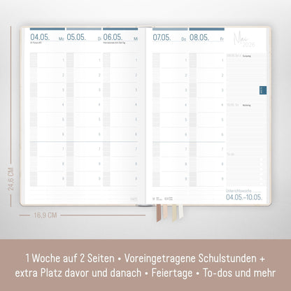 Häfft® Teacher Planner 2025/2026 A5 + "Beige Ginkgo" Hardcover Teacher Calendar/School Year Planner with 236 pages, stickers, and more - sustainable & climate-friendly.