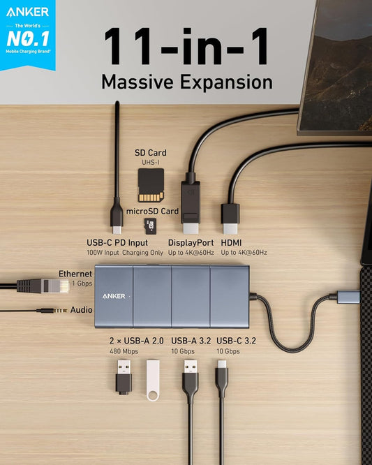 Anchor 565 11-in-1 USB-C Hub, docking station with 10 Gbps USB-C & USB-A data ports, 4K HDMI, DisplayPort, 100W PD, 2 USB 2.0 data, Ethernet, AUX, microSD & SD, for MacBook Pro and more.