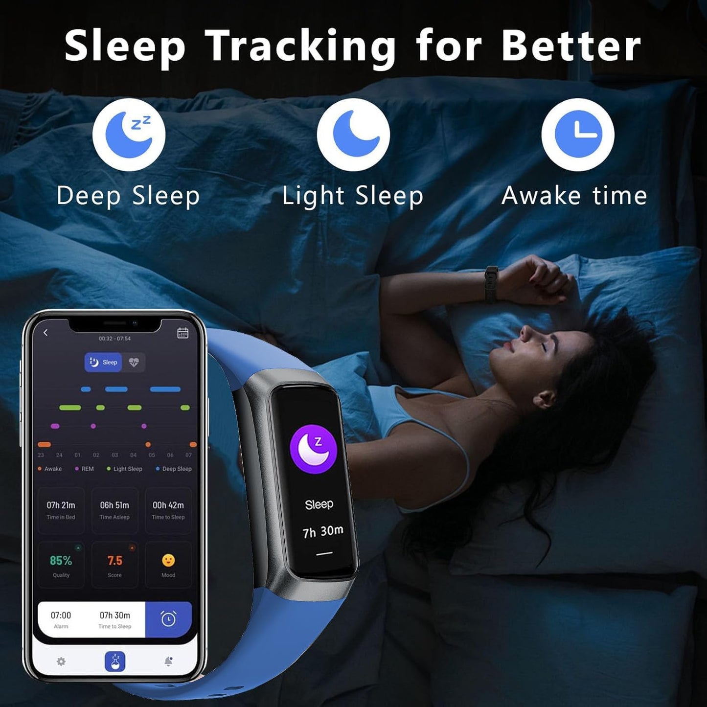 Fitness tracker for men and women, 24/7 heart rate, step counter, IP68 waterproof activity tracker with 25 sport modes, 1.1-inch AMOLED touch color screen for Android and iOS phones.