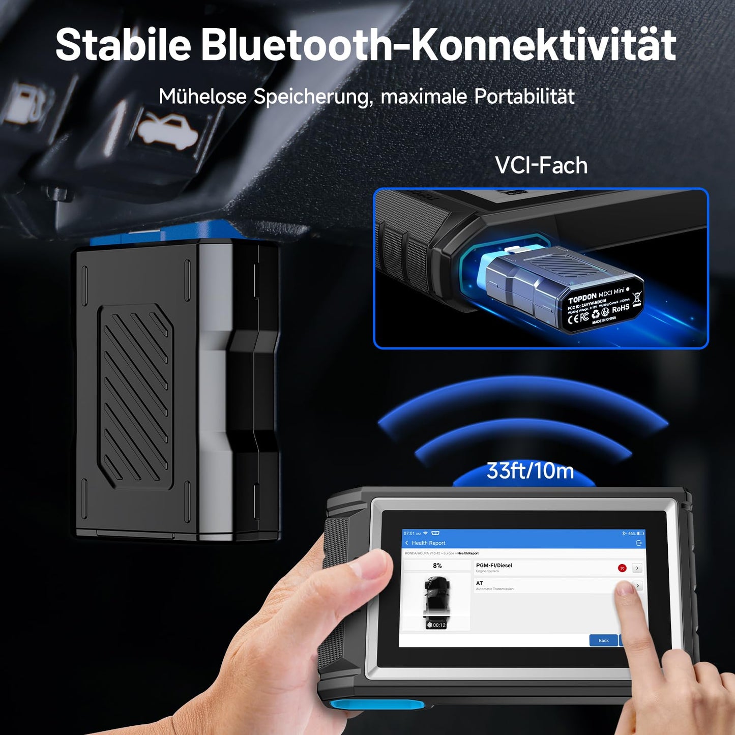 TOPDON ArtiDiag800 BT 2 OBD2 diagnostic tool, features 28+ maintenance functions, FCA gateway access & CAN-FD protocol, active test, wireless Bluetooth, and 2 years of free updates.