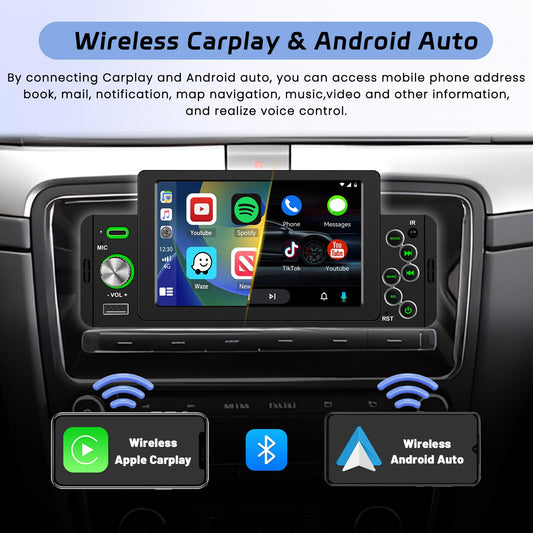 Hikity 1-Din car stereo, CarPlay Android Auto Wireless, 5" touchscreen radio, Bluetooth with reverse camera, FM radio, EQ, SWC, USB Type-C, Mirror Link.