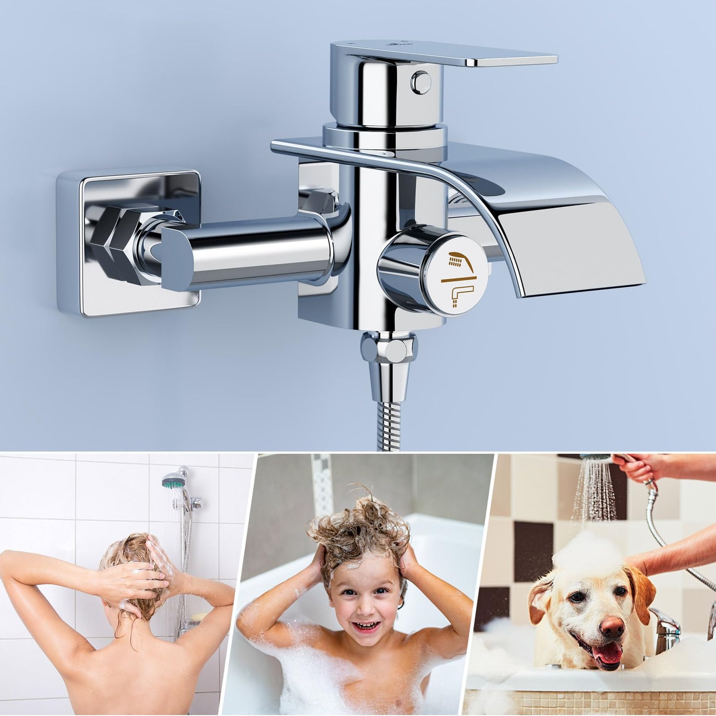 KULACO bathtub faucet waterfall, bathtub faucet mixer with pressure switch, single lever bathtub fixture made of brass, bathroom shower fixture surface-mounted tub faucet for bathroom - chrome