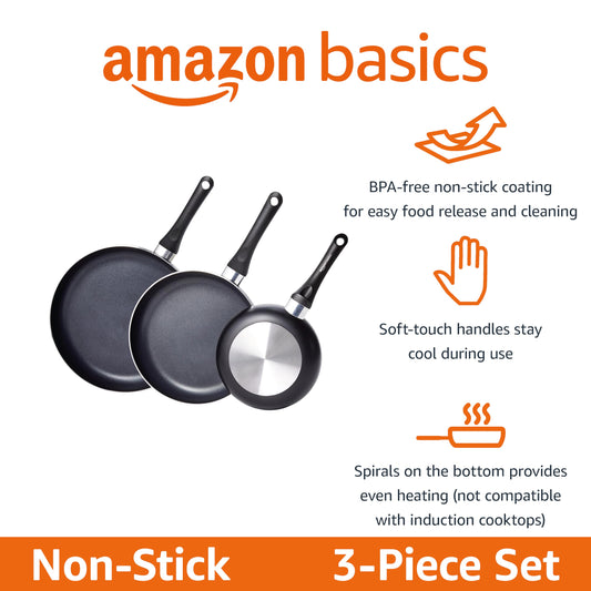 Amazon Basics 3-Piece Non-Stick Frying Pan Set, Sizes: 20 cm, 25 cm, and 30 cm, Black