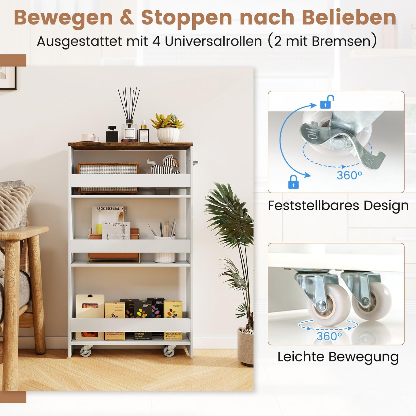 GIANTEX 13cm wide niche shelf, kitchen shelf kitchen cabinet kitchen trolley, niche cabinet niche trolley on wheels, bathroom shelf rolling cart wood 4 tiers, slim shelf for kitchen, 47.5 x 13 x 80.5 cm