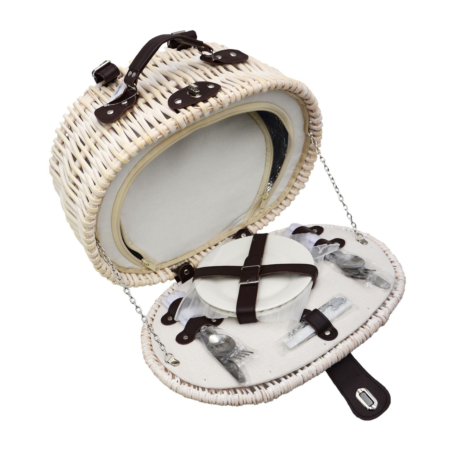 UNUS bike basket/picnic basket oval white cooling function with matching porcelain utensils for 2 people