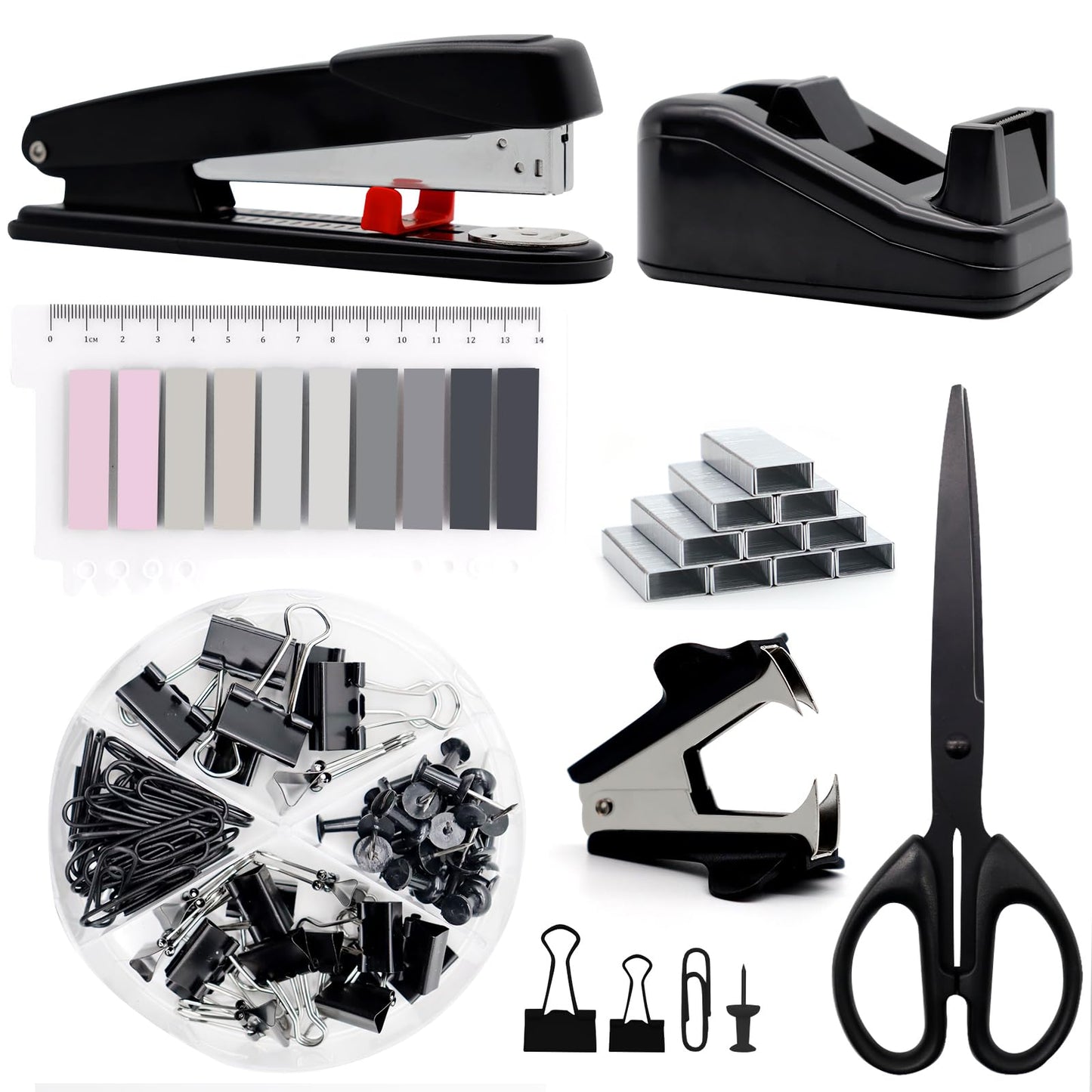 Black office supplies, black desk accessories, stapler and tape dispenser set with large stapler, tape dispenser, staple remover, staples, clips, scissors, and tabs.