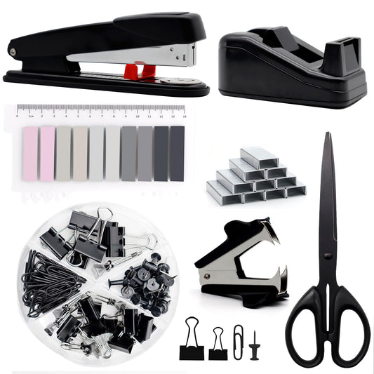 Black office supplies, black desk accessories, stapler and tape dispenser set with large stapler, tape dispenser, staple remover, staples, clips, scissors, and tabs.