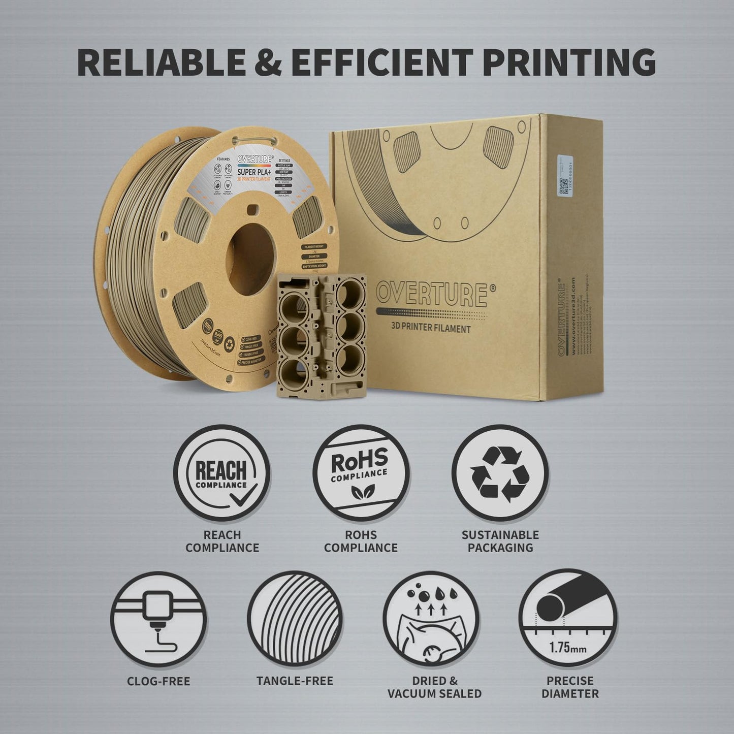 OVERTURE Super PLA+ Filament 1.75mm, 1kg spool (2.2lbs), dimensional accuracy +/- 0.03mm, for 3D printers (Light Brown)