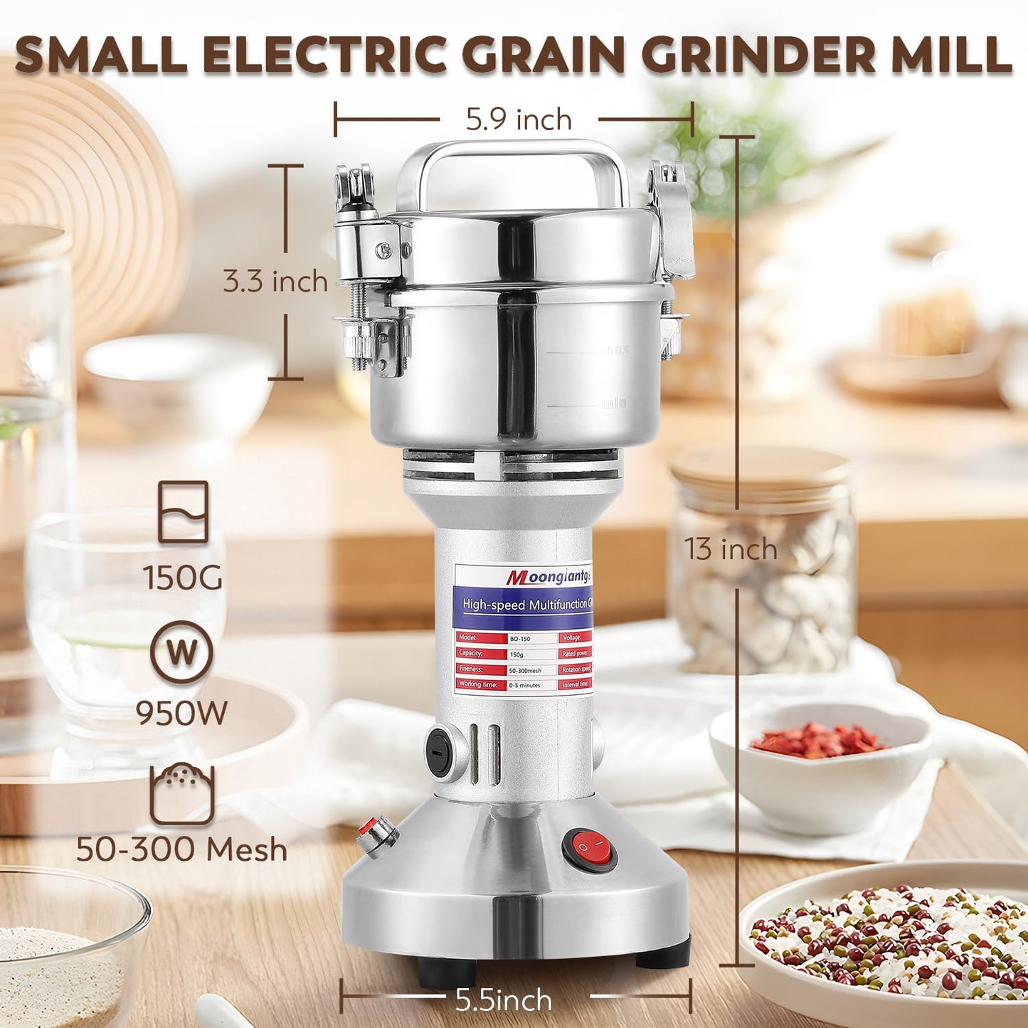 Moongiantgo Electric Grain Mill 150g, 950W Spice Grinder made of 430 Stainless Steel Commercial Powder Machine High Speed Mill for Grains, Spices, Herbs, Coffee, Corn with Overload Protection
