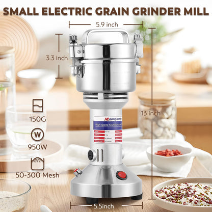 Moongiantgo Electric Grain Mill 150g, 950W Spice Grinder made of 430 Stainless Steel Commercial Powder Machine High Speed Mill for Grains, Spices, Herbs, Coffee, Corn with Overload Protection