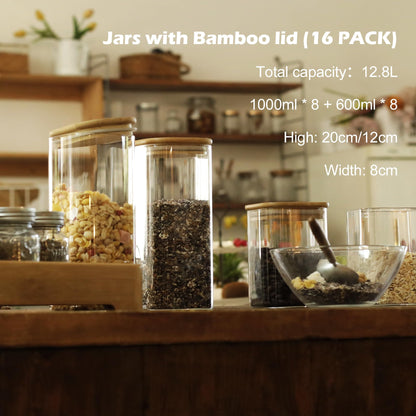 LIBWYS 16-piece set of storage jars with bamboo lids, square glass storage containers - in 2 sizes: 1000ml; 600ml