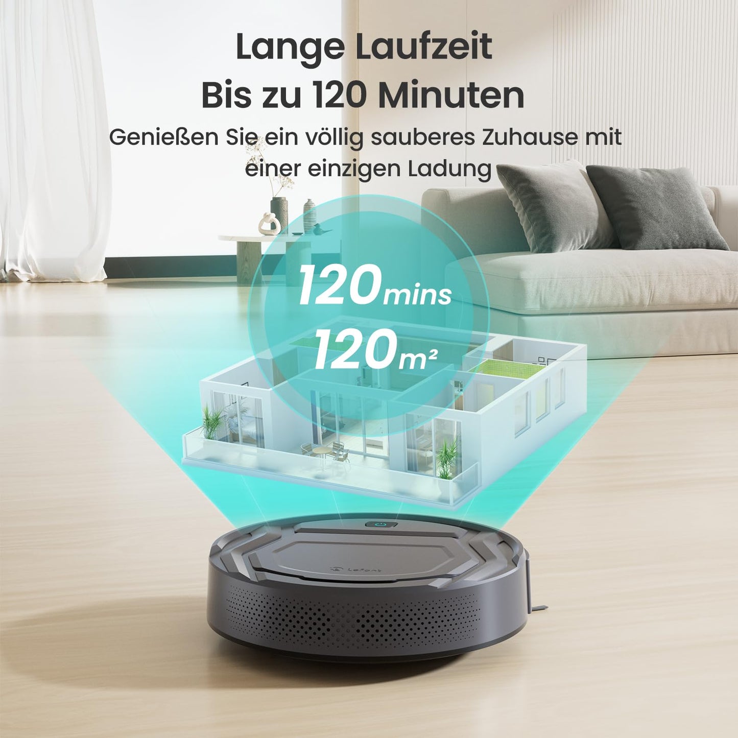 LEFANT M210PG robot vacuum with 2200 Pa, WiFi, compatible with Alexa and app control, 120 min runtime, optimized for carpets, pet hair, and hard floors with charging dock.