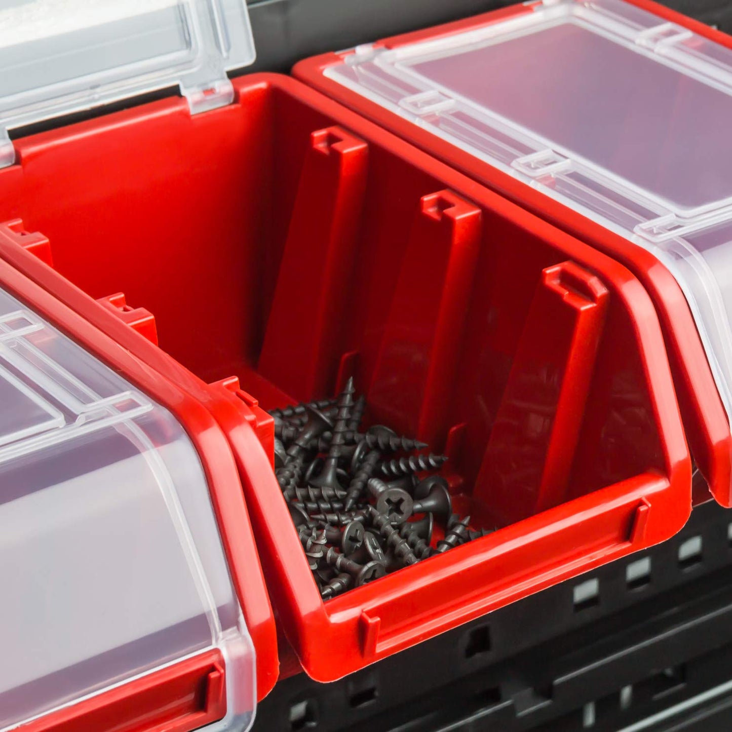 60-piece box with lid + wall shelf 120 x 80 cm, stackable bins, tilt shelf, storage boxes storage system (RED)