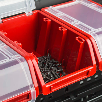 60-piece box with lid + wall shelf 120 x 80 cm, stackable bins, tilt shelf, storage boxes storage system (RED)