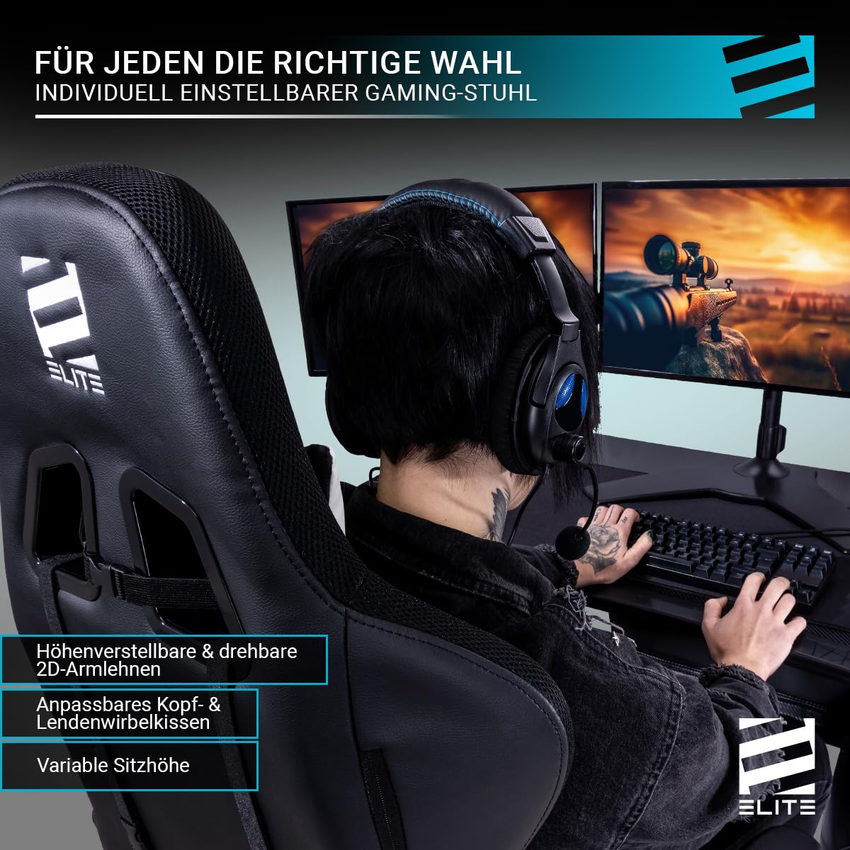 ELITE Gaming Chair MG200 Destiny | Ergonomic Office Chair - Desk Chair - Executive Chair - Armchair - Racing Gaming Chair - Gaming Chair - Swivel Chair - Chair - Faux Leather Sport Seat (Black/Blue)