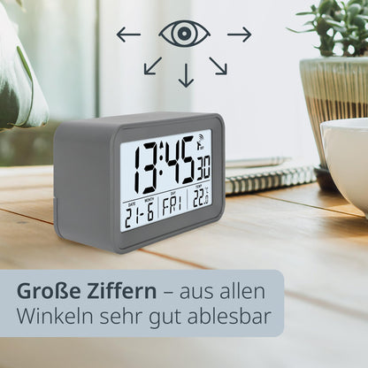 ADE Digital Alarm Clock with Light | Clock with temperature and calendar display | compact travel alarm clock | pretty matte gray case | with battery