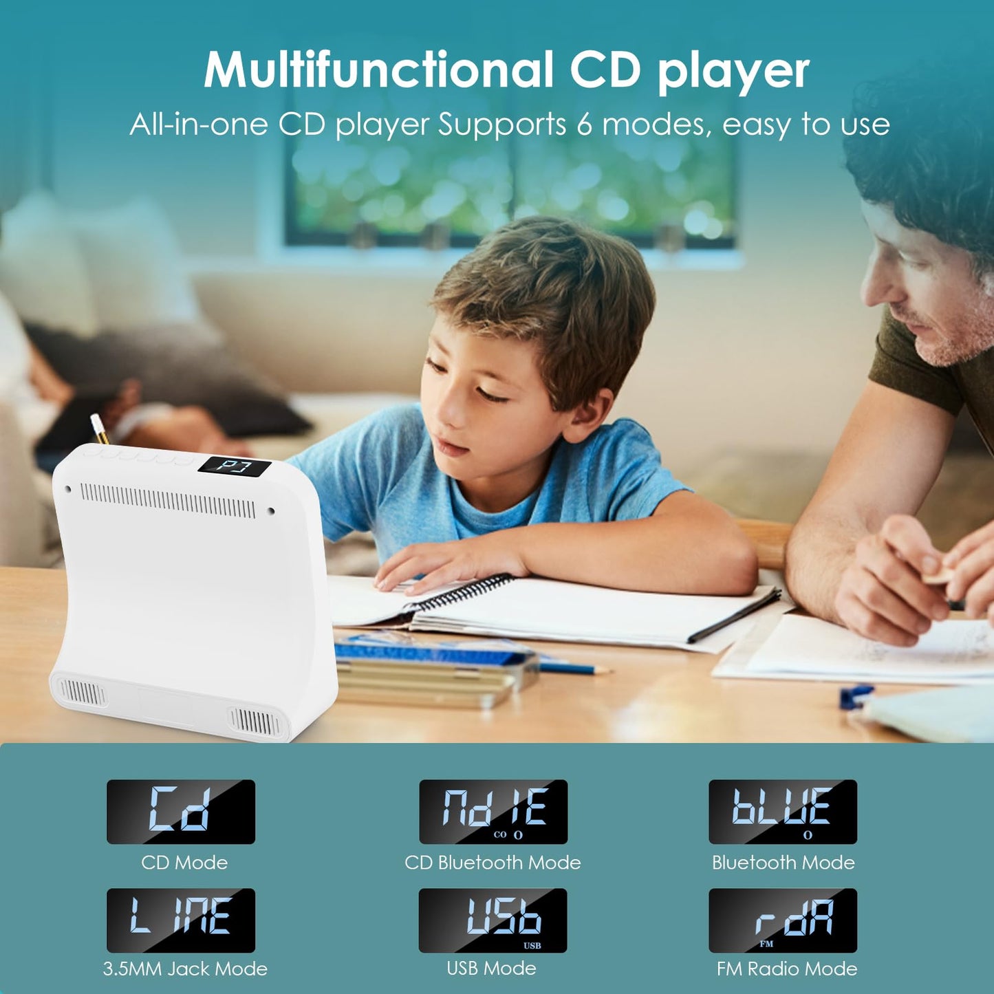 Gueray Portable CD Player with Bluetooth Desktop CD Player with 4000mAh Battery for Home Built-in Dual HiFi Speakers AUX Headphone Jack FM Radio with Remote Control USB Port