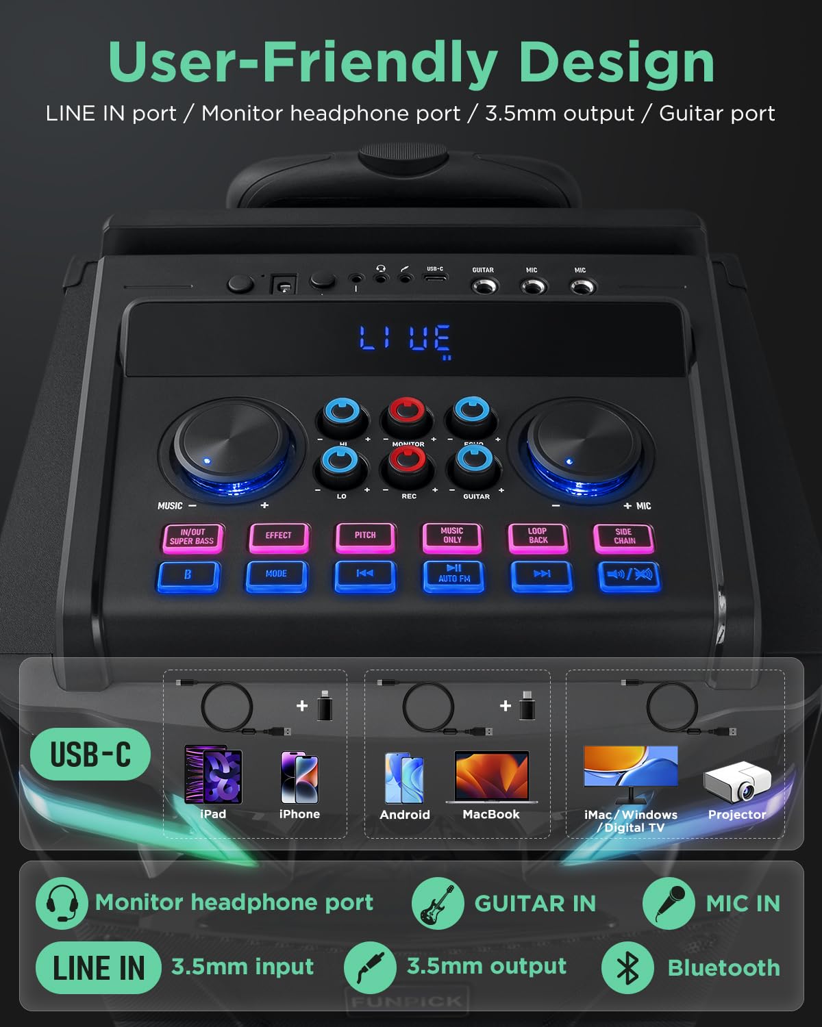 Karaoke machine with 2 microphones, Bluetooth portable PA system for adults, 10-inch speaker supports live streaming, DJ lights/FM radio/recording, YouTube, TikTok.