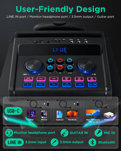 Karaoke machine with 2 microphones, Bluetooth portable PA system for adults, 10-inch speaker supports live streaming, DJ lights/FM radio/recording, YouTube, TikTok.