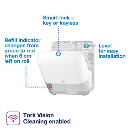 Tork Matic Roll Towel Advanced 290067 - H1 for roll towel dispenser, soft, 2-ply, white & Tork Matic Roll Towel Dispenser 551000 - H1 roll towel dispenser, single sheet dispensing, white.