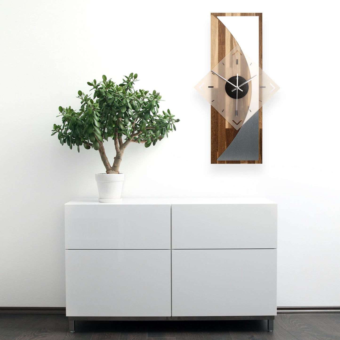 Creative Feather Designer WALL CLOCK "Silvermoon" made of smoked oak wood with a modern metallic look (silent quartz movement, smoked oak)