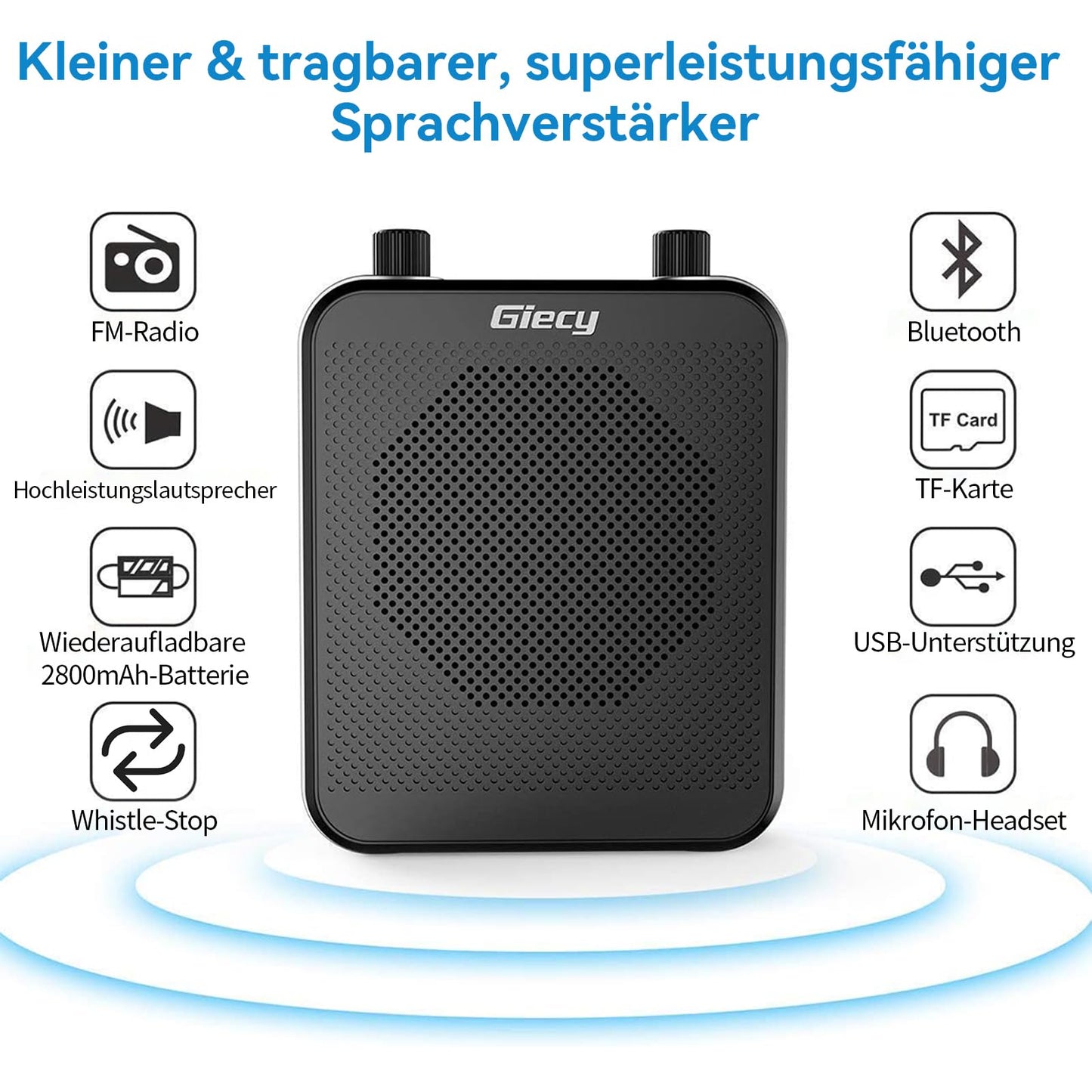 Giecy Portable Bluetooth Speaker (30W) with 7.4V/2800mAh Lithium Battery and microphone headset. Rechargeable mini voice amplifier for trainers, teachers, tour guides, and meetings.