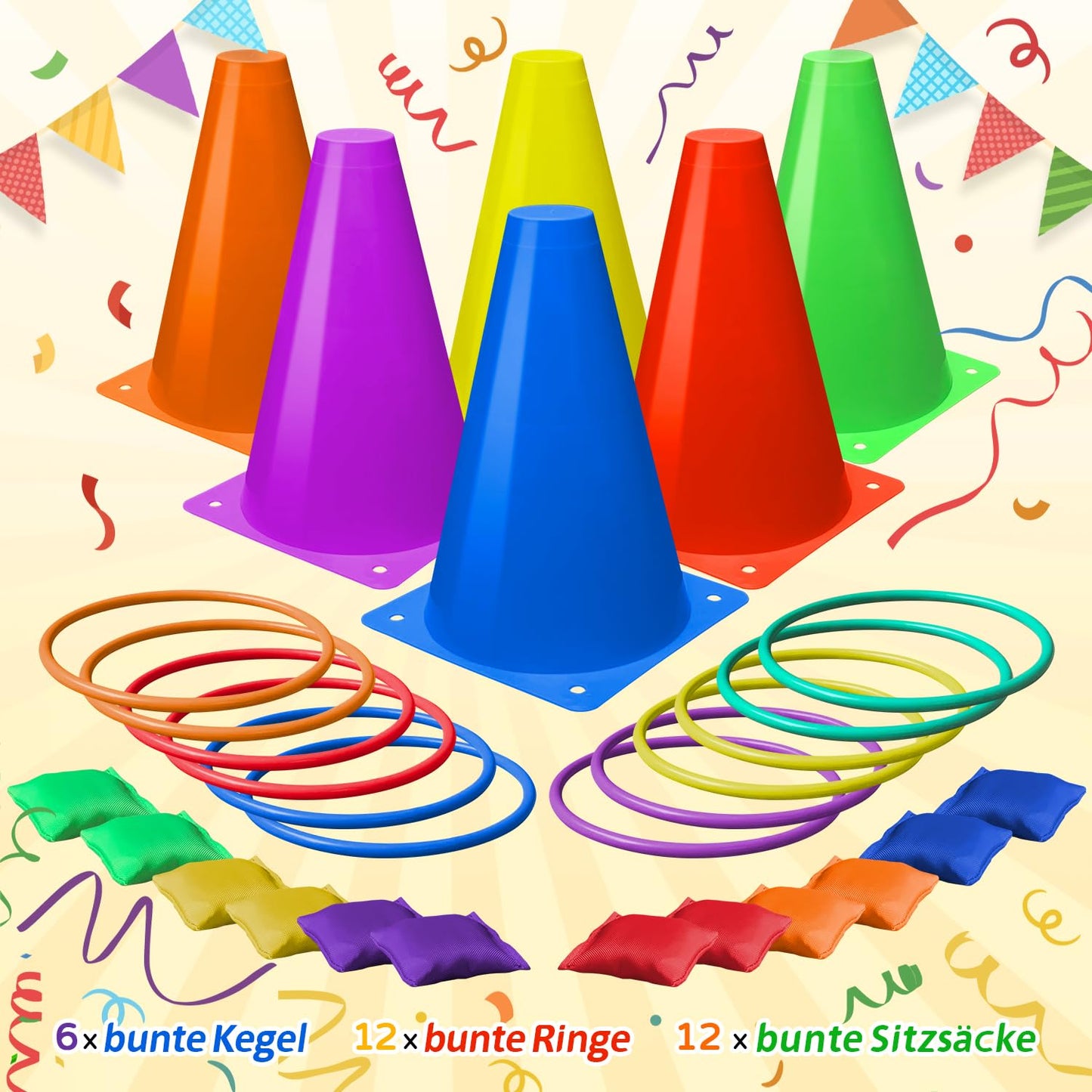 Eocolz Outdoor Games for Kids Cones Kids Cornhole Game Outdoor Ring Toss Games, Garden Toys Kids 3 in 1 Toss Game Carnival Game Set Plastic Cones Bean Bags for Kids Birthday Party