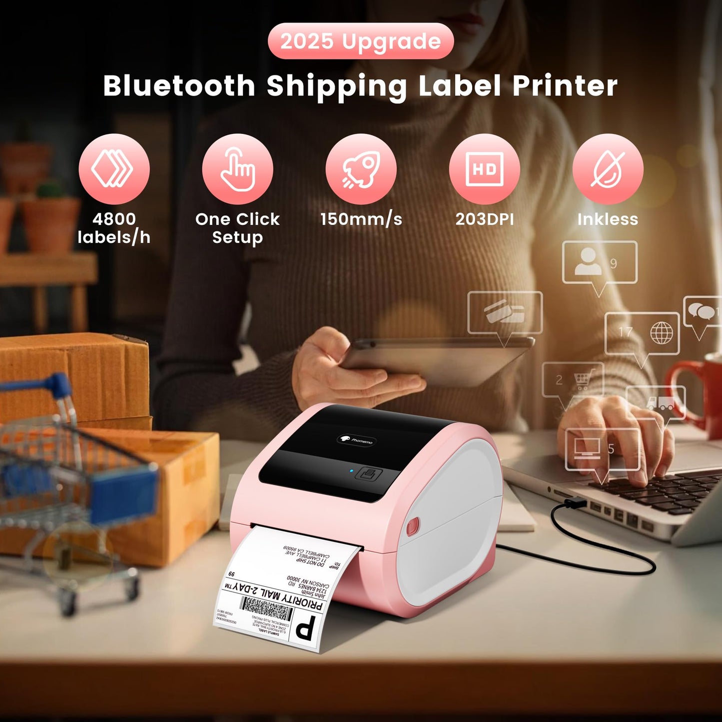 Phomemo D520BT Bluetooth thermal printer - DHL label printer for 4X6 labels, barcode shipping labels compatible with Ebay,Amazon,Etsy,Shopify, UPS,FedEx etc, Pink.