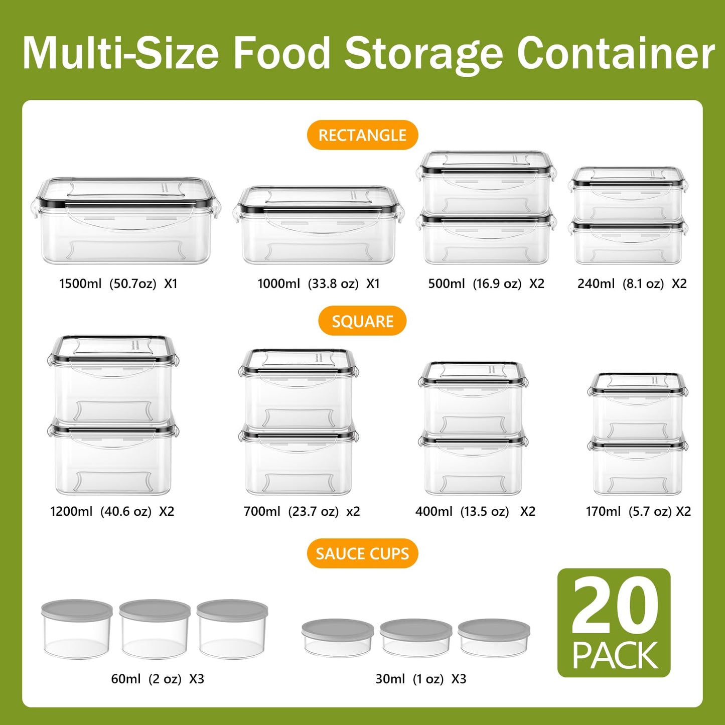 JSCORES 40-piece food storage containers set includes 20 containers and 20 lids. Leak-proof and BPA-free, perfect for kitchen food storage.