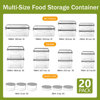 JSCORES 40-piece food storage containers set includes 20 containers and 20 lids. Leak-proof and BPA-free, perfect for kitchen food storage.